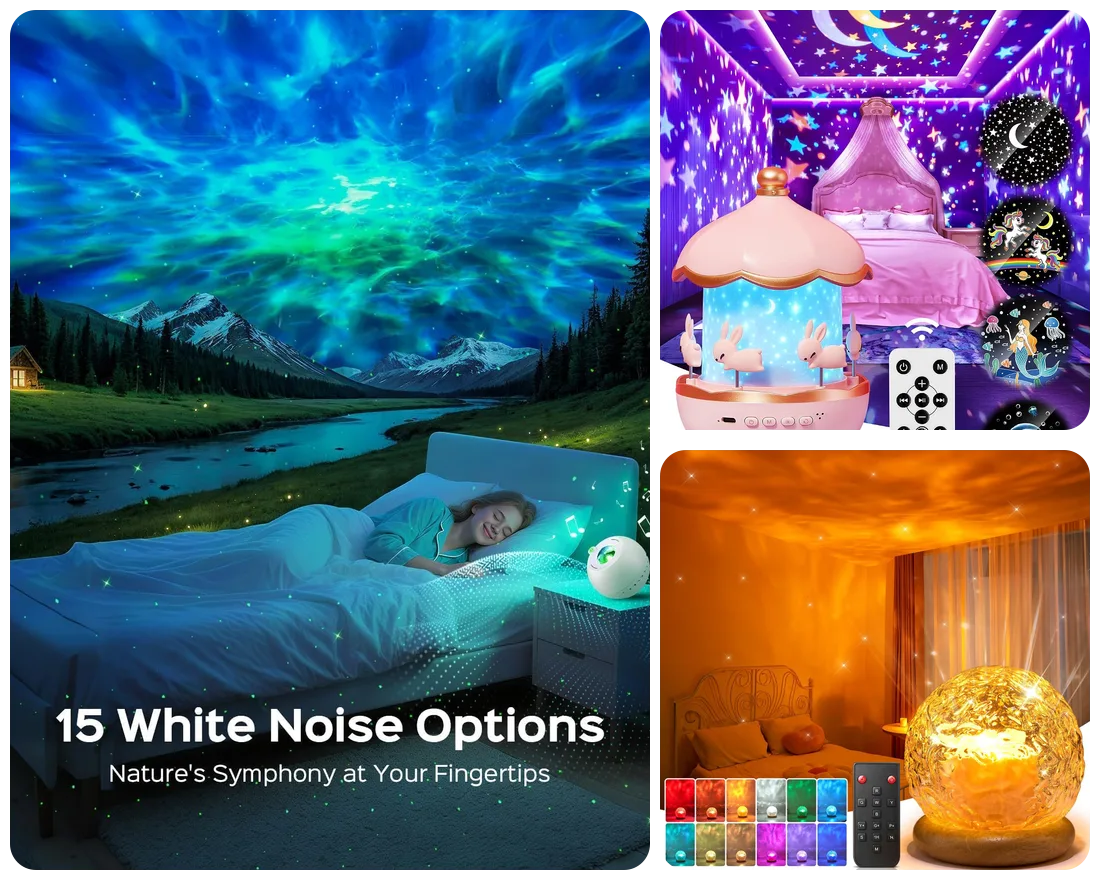 PIKOY galaxy projector, kids night light and mood lamp glowing in a dark room