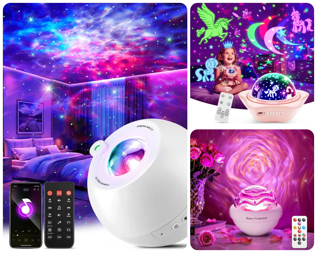 PIKOY galaxy projector, kids night light and mood lamp glowing in a dark room