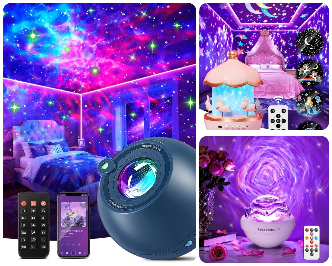 PIKOY galaxy projector, kids night light and mood lamp glowing in a dark room